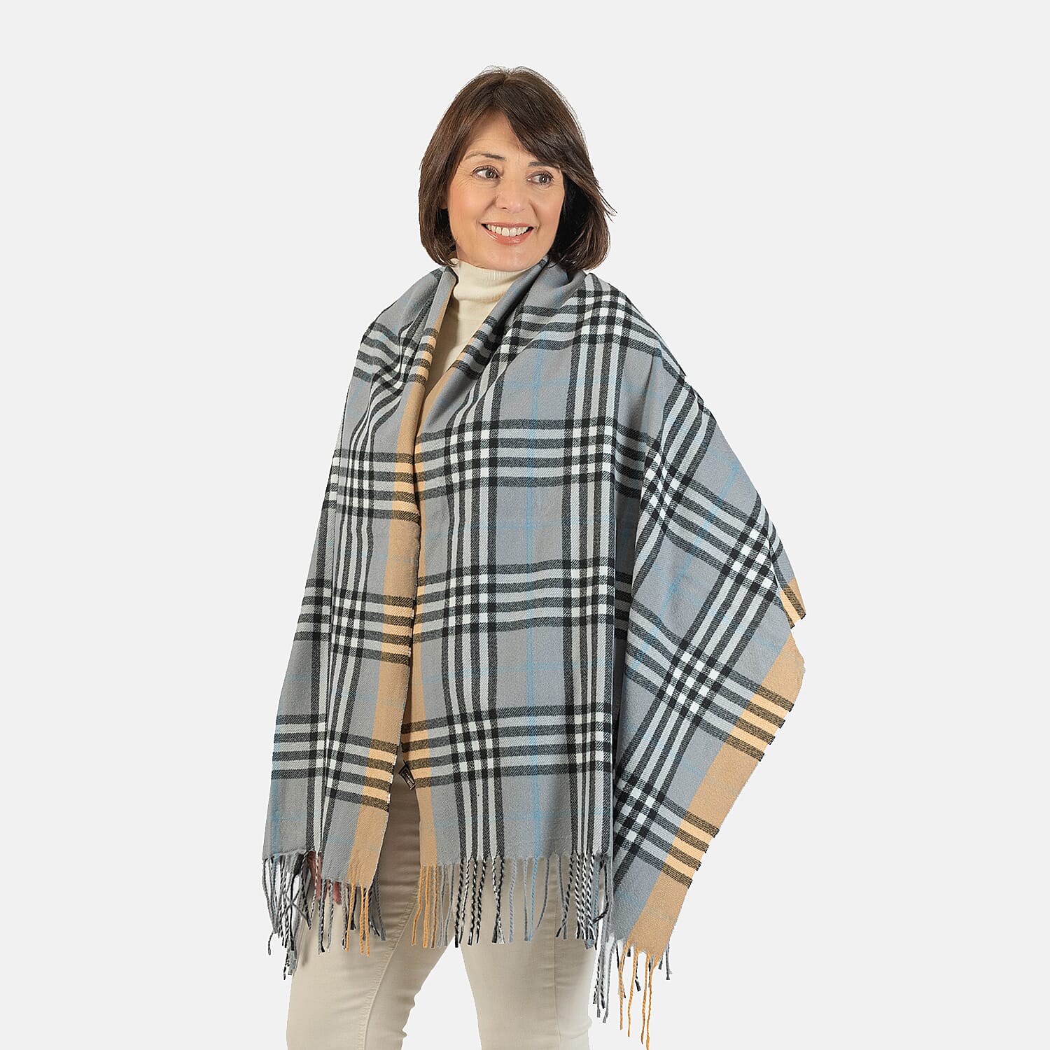 Designer Inspired - Large Check Soft Tassel Scarf - Grey