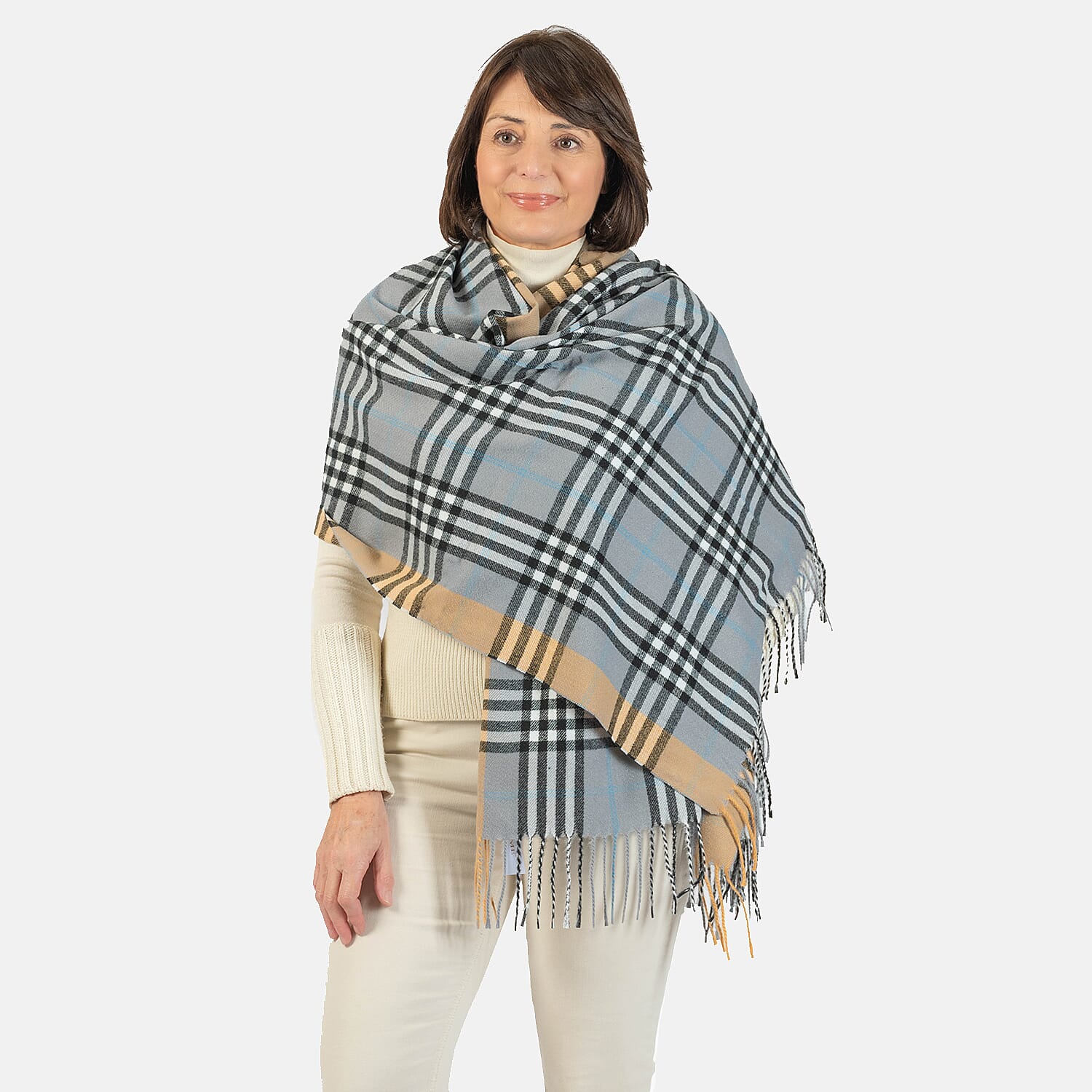 Designer Inspired - Large Check Soft Tassel Scarf - Grey