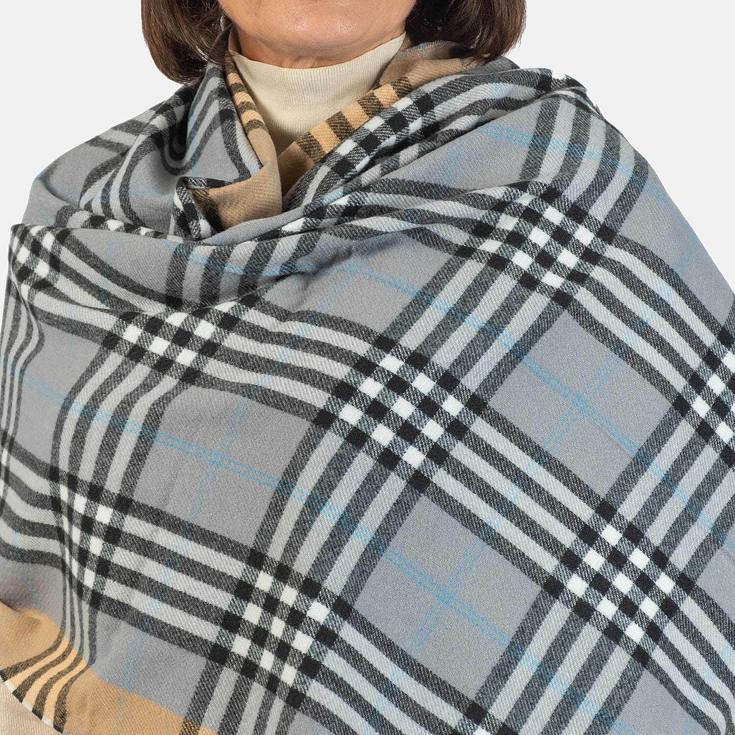 Designer Inspired - Large Check Soft Tassel Scarf - Grey