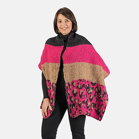 Wool Blend Leopard Print Stripe Knitted Scarf - Fuchsia Pink