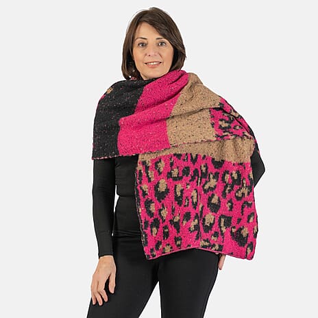 Wool Blend Leopard Print Stripe Knitted Scarf - Fuchsia Pink