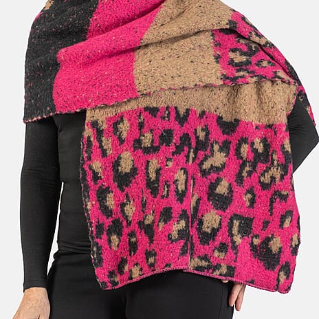 Wool Blend Leopard Print Stripe Knitted Scarf - Fuchsia Pink