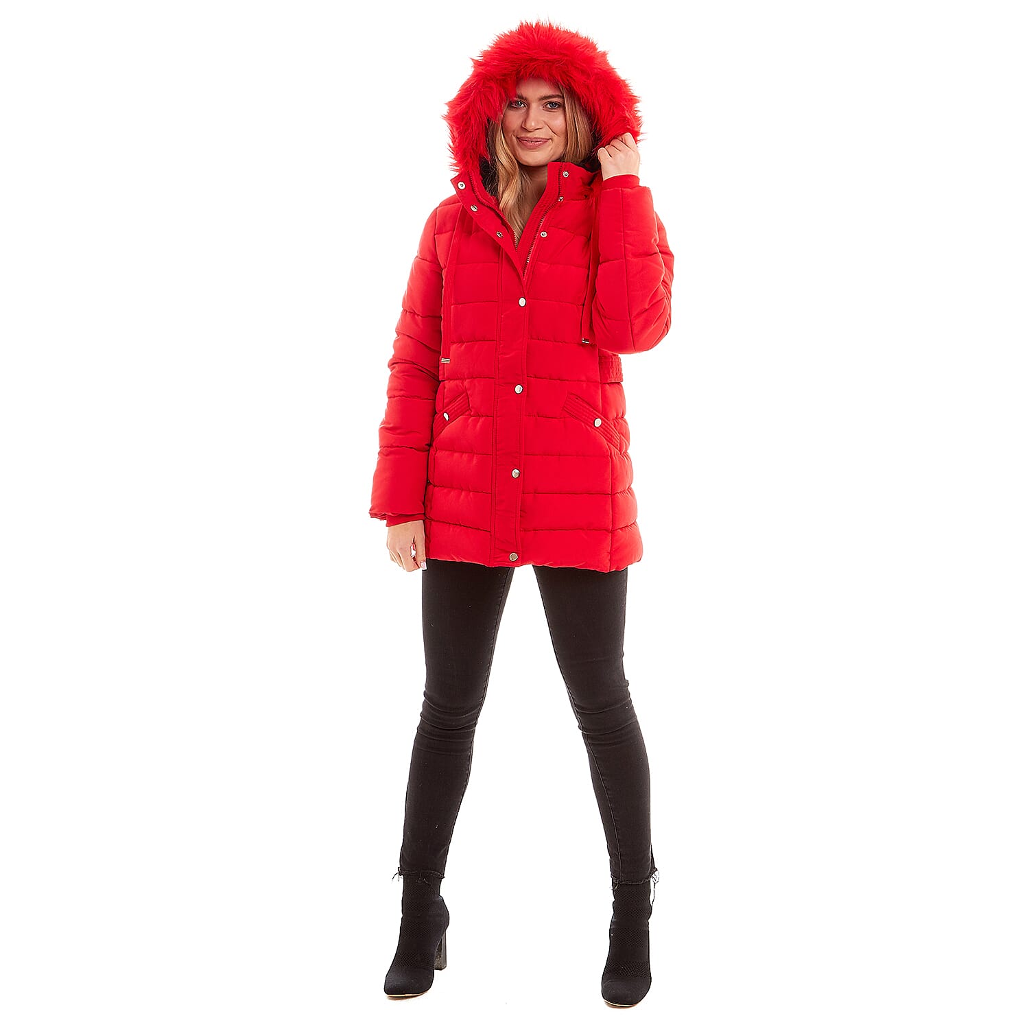  Padded Puffer Jacket with Faux Fur Hood Coat - Ruby Red