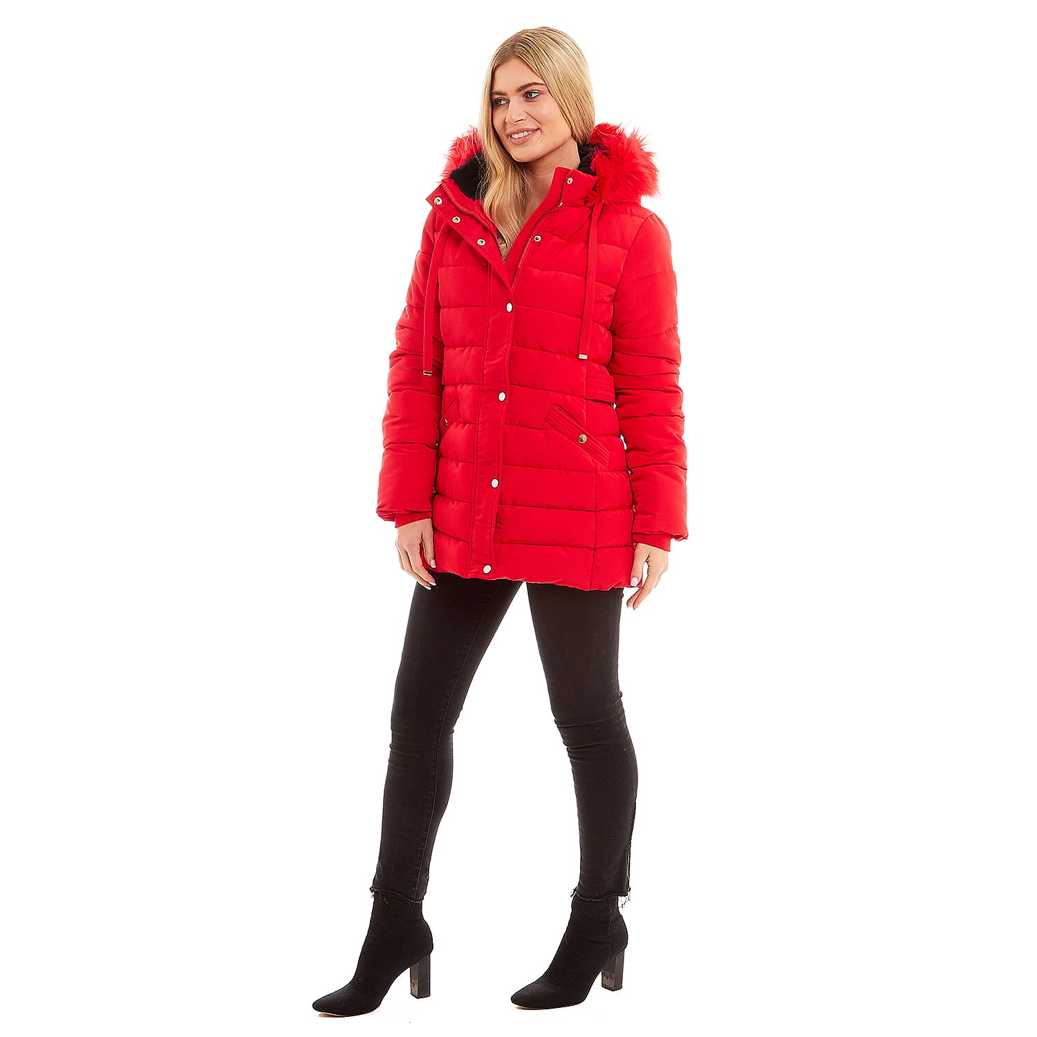  Padded Puffer Jacket with Faux Fur Hood Coat - Ruby Red