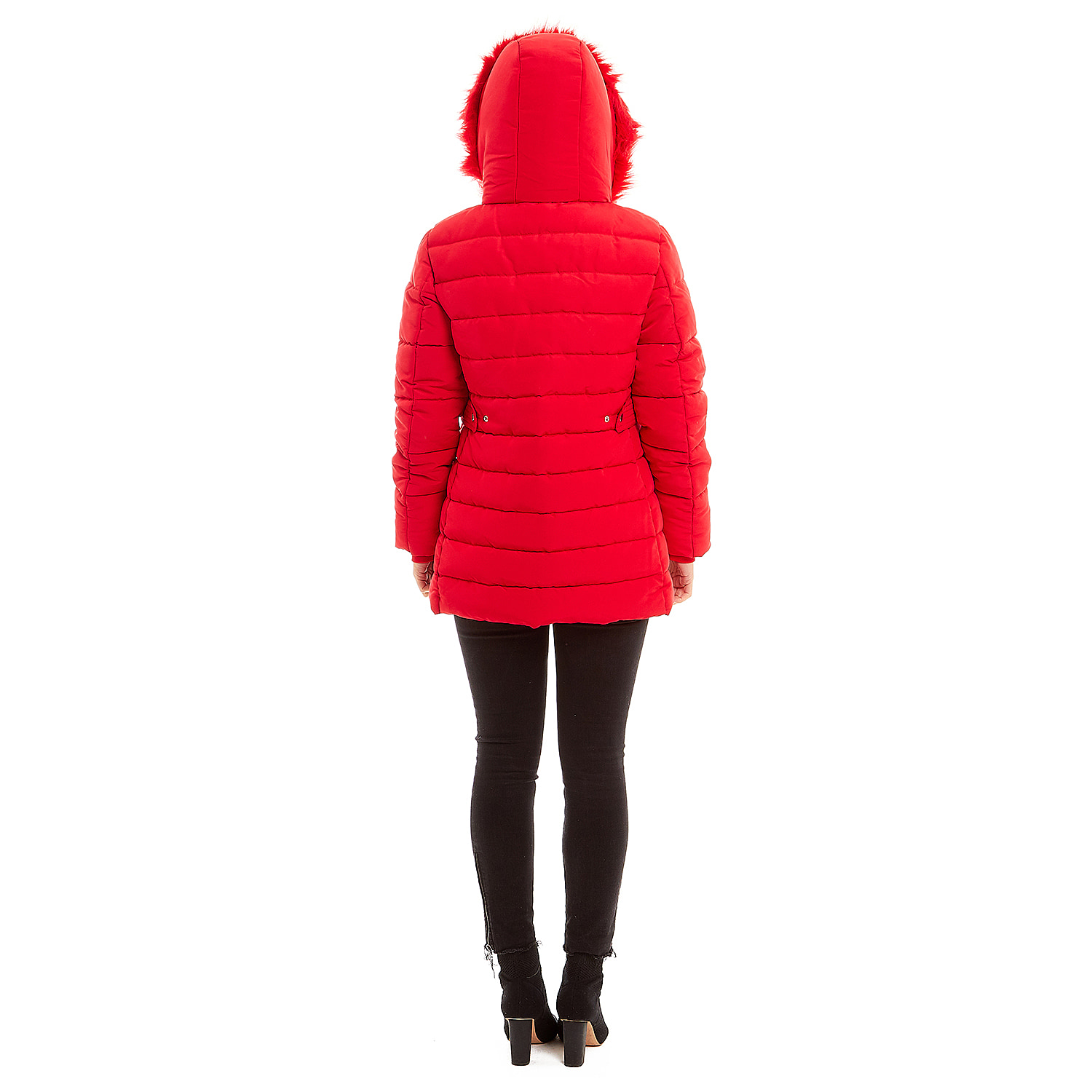 Padded Puffer Jacket with Faux Fur Hood Coat - Ruby Red