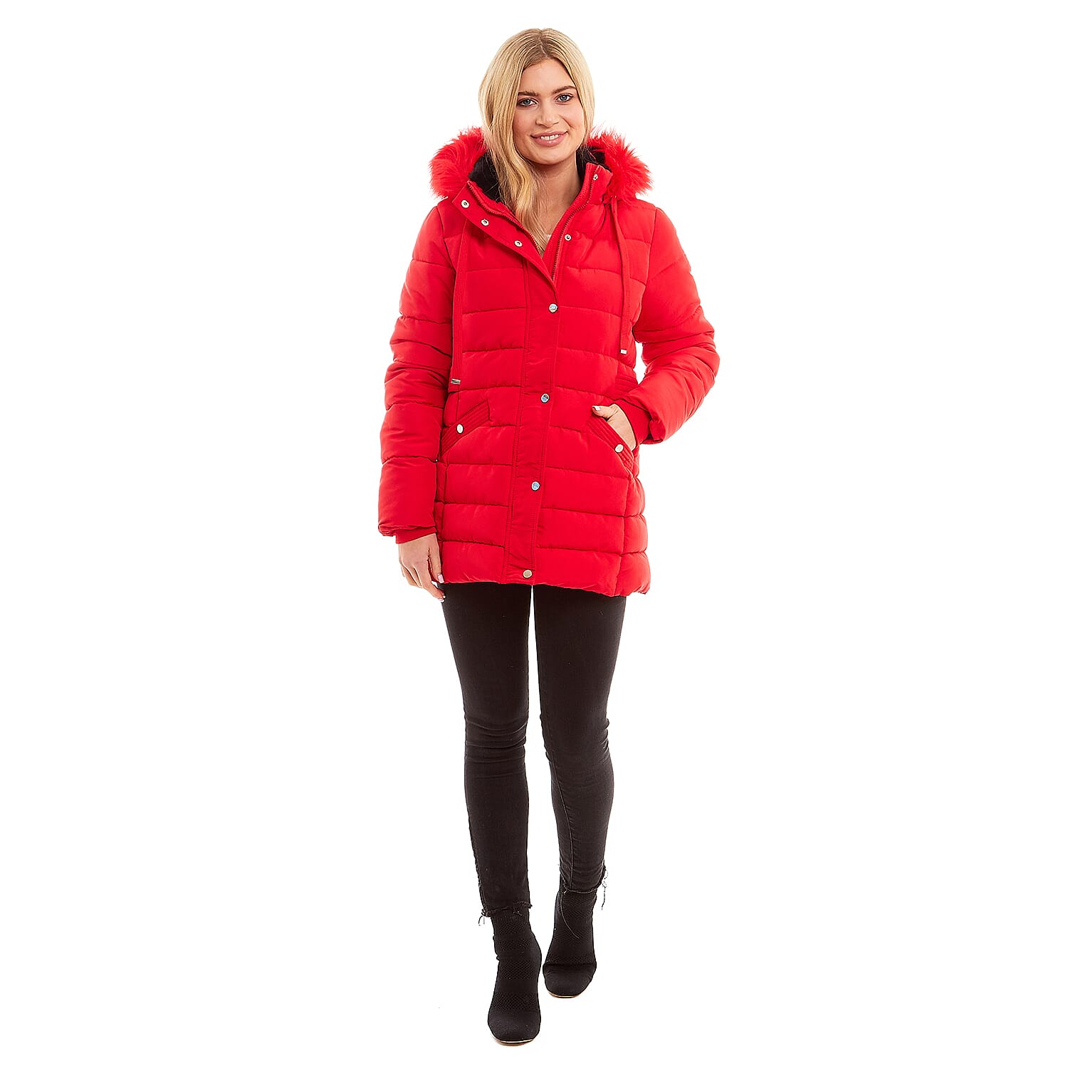 Padded Puffer Jacket with Faux Fur Hood Coat (Size 18) - Ruby Red