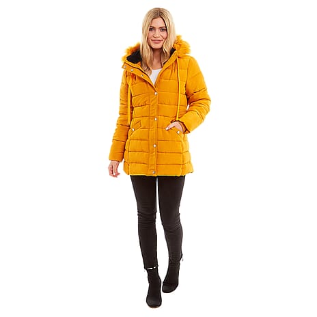 Padded Puffer Jacket with Faux Fur Hood Coat (Size 12) - Mustard