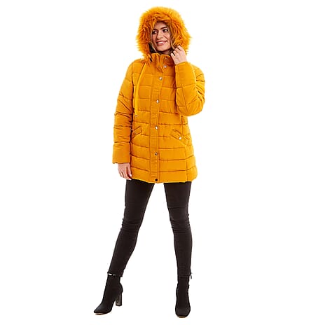 Padded Puffer Jacket with Faux Fur Hood Coat (Size 12) - Mustard