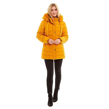 Padded Puffer Jacket with Faux Fur Hood Coat (Size 14) - Mustard