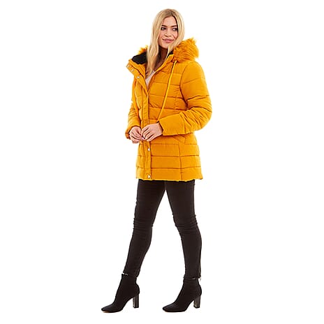 Padded Puffer Jacket with Faux Fur Hood Coat (Size 14) - Mustard