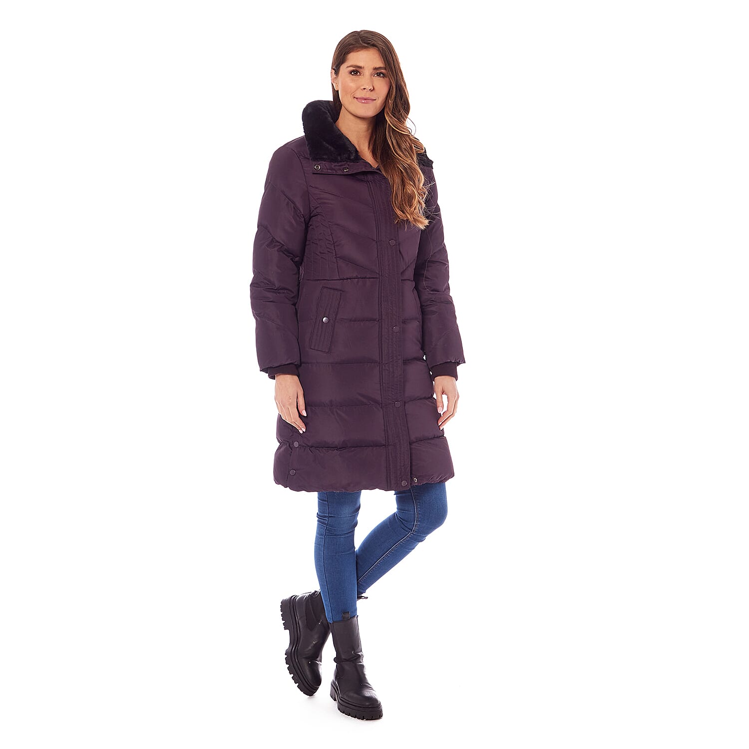  Padded Puffer Jacket with Faux Fur Hood Coat - Ruby Red