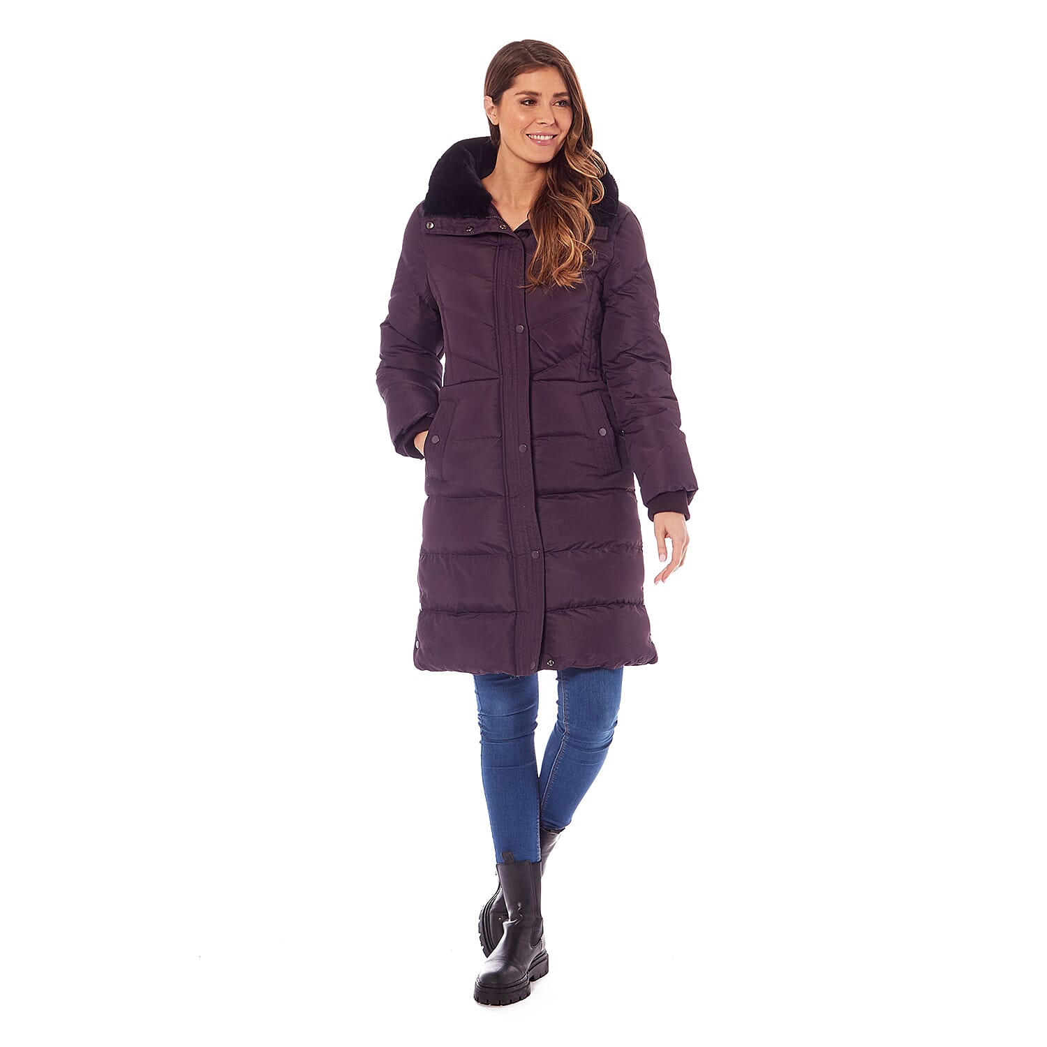  Padded Puffer Jacket with Faux Fur Hood Coat - Ruby Red