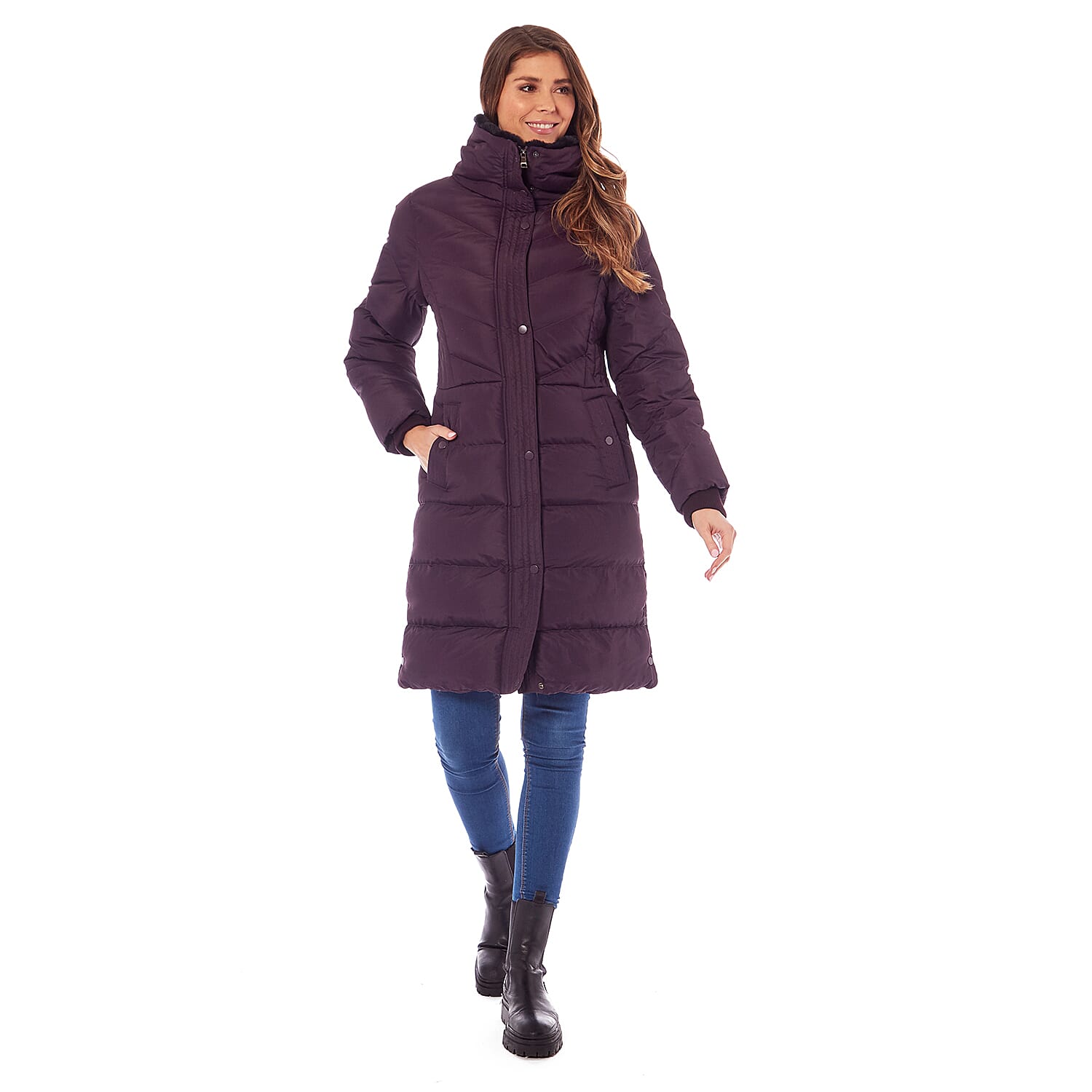  Padded Puffer Jacket with Faux Fur Hood Coat - Ruby Red