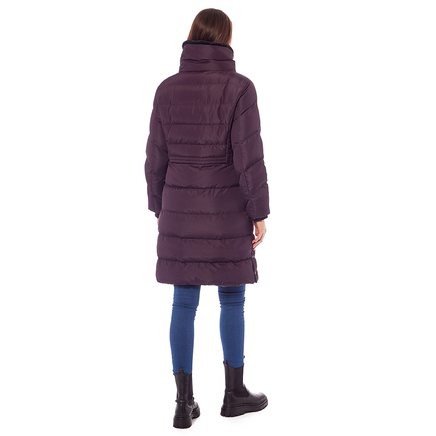  Padded Puffer Jacket with Faux Fur Hood Coat - Ruby Red