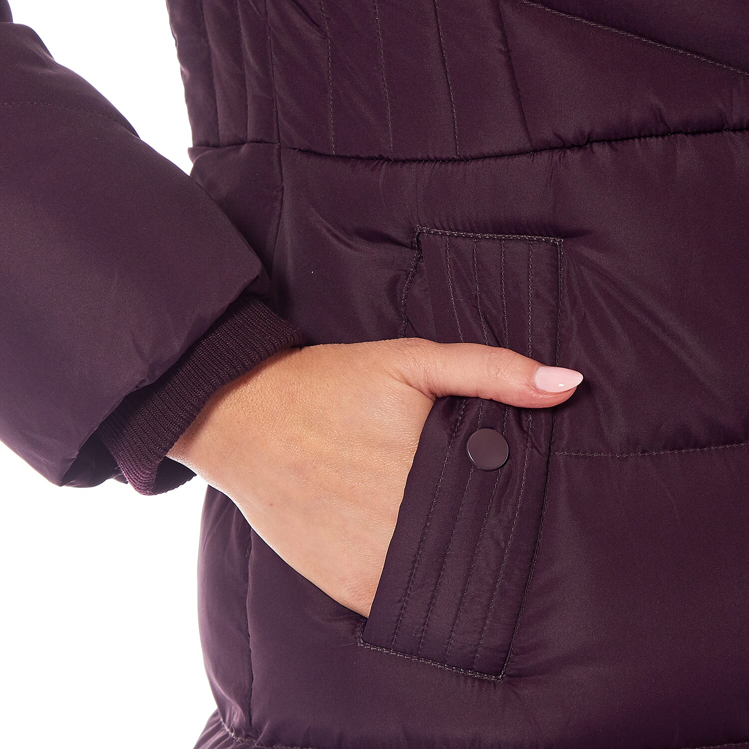  Padded Puffer Jacket with Faux Fur Hood Coat - Ruby Red