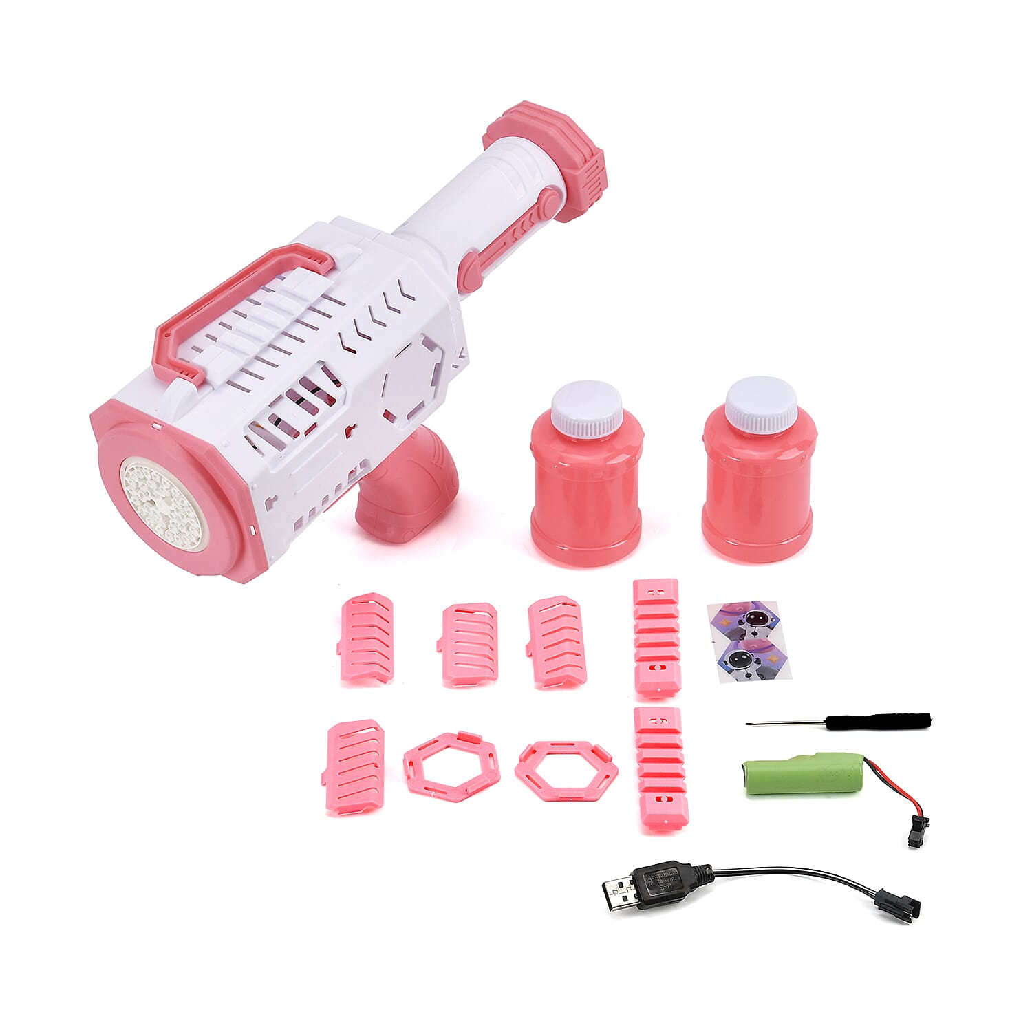 Automatic Rechargeable Powerful Bubble Machine Gun (30 Holes and 2 Bubble Solution Bottles) - Pink