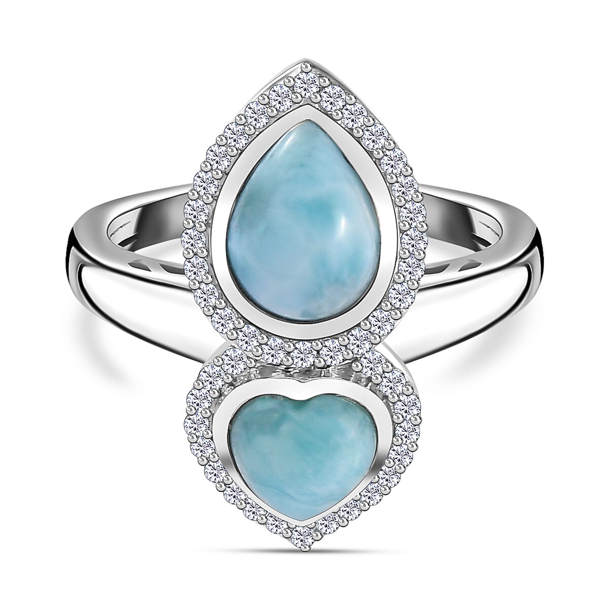 Larimar & Natural Zircon Tear Drop & Heart Ring in Platinum Overlay Sterling Silver 3.00 Ct.