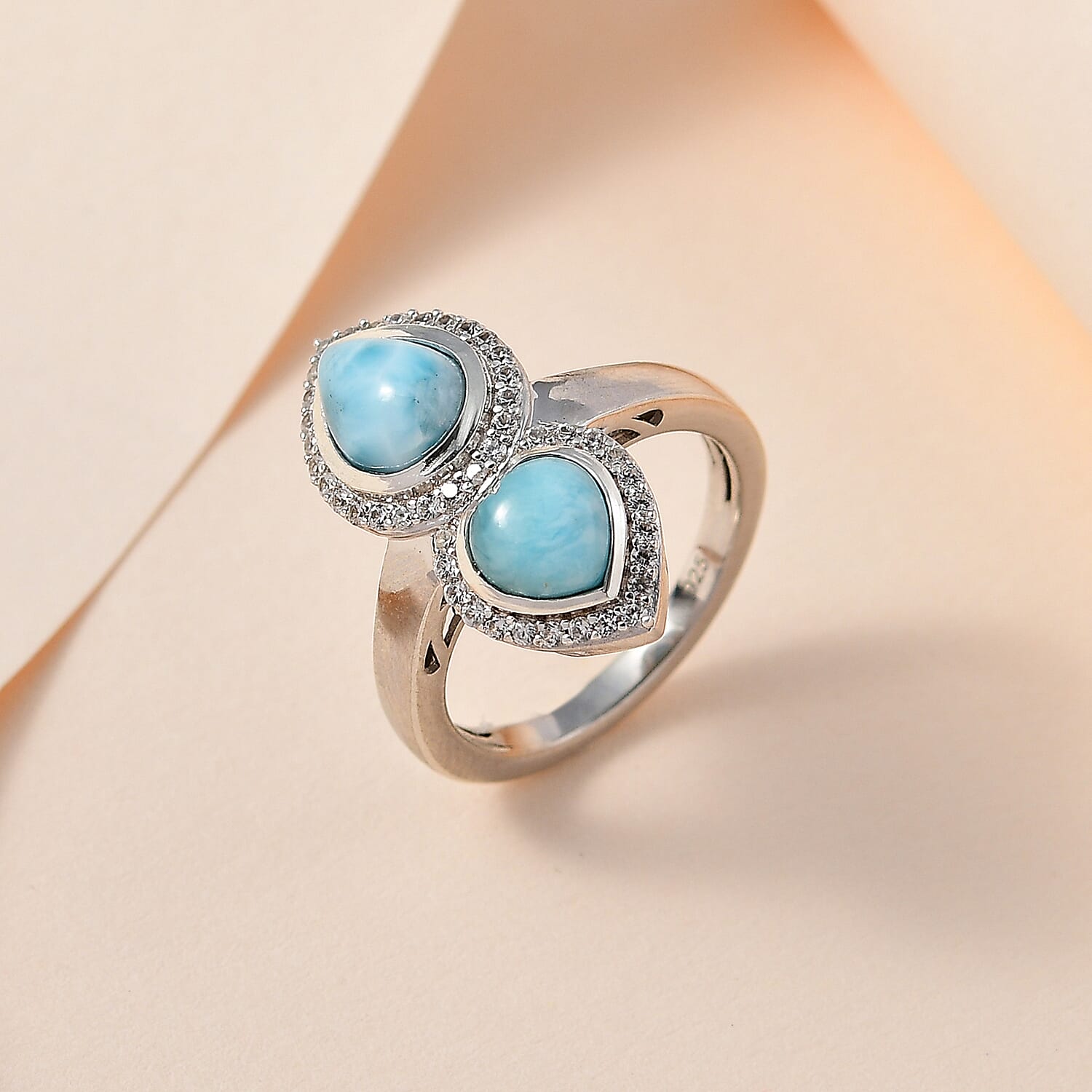 Larimar & Natural Zircon Tear Drop & Heart Ring in Platinum Overlay Sterling Silver 3.00 Ct.