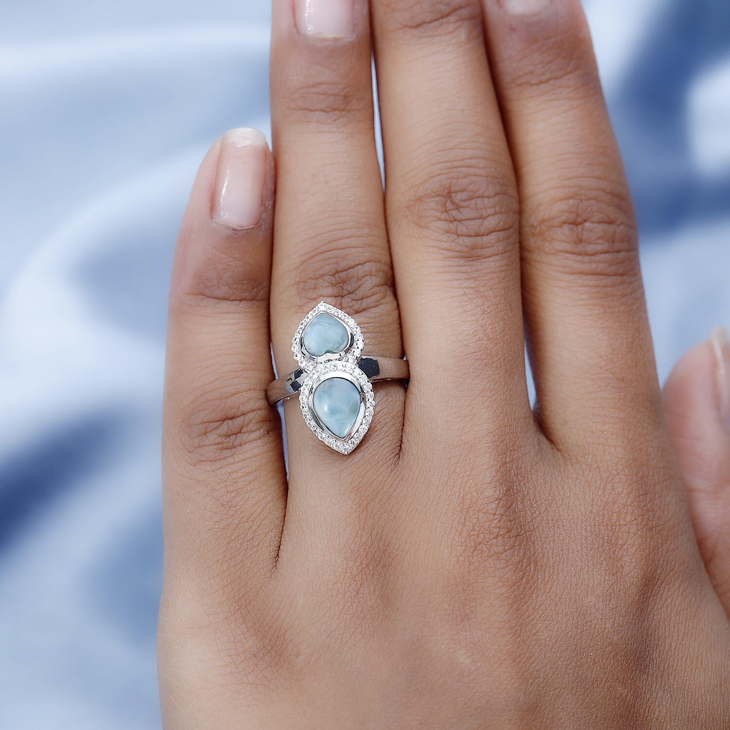 Larimar & Natural Zircon Tear Drop & Heart Ring in Platinum Overlay Sterling Silver 3.00 Ct.
