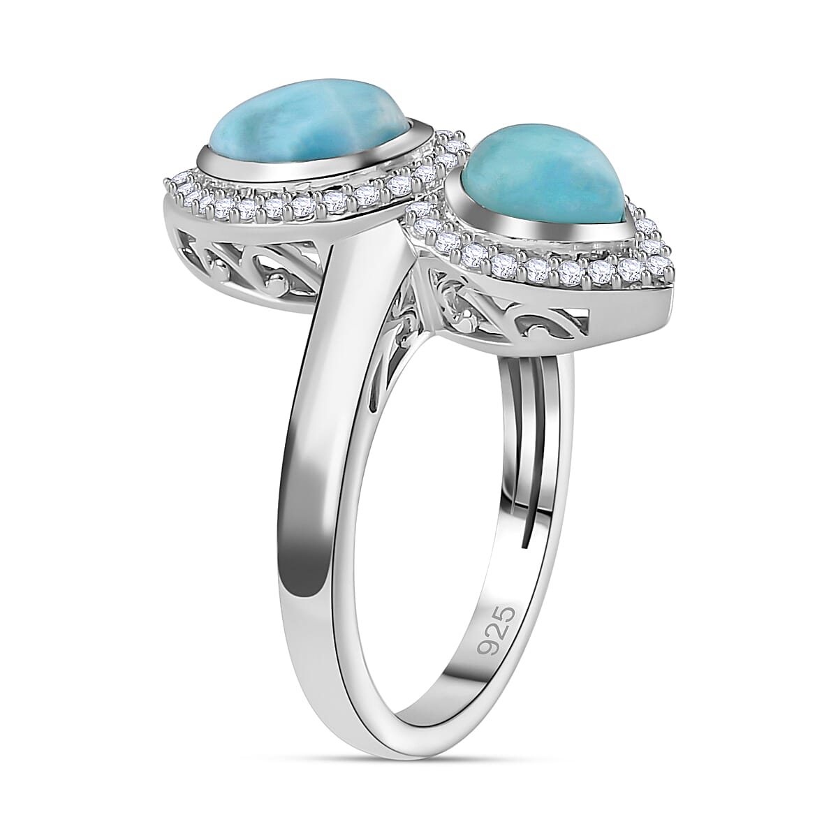 Larimar & Natural Zircon Tear Drop & Heart Ring in Platinum Overlay Sterling Silver 3.00 Ct.
