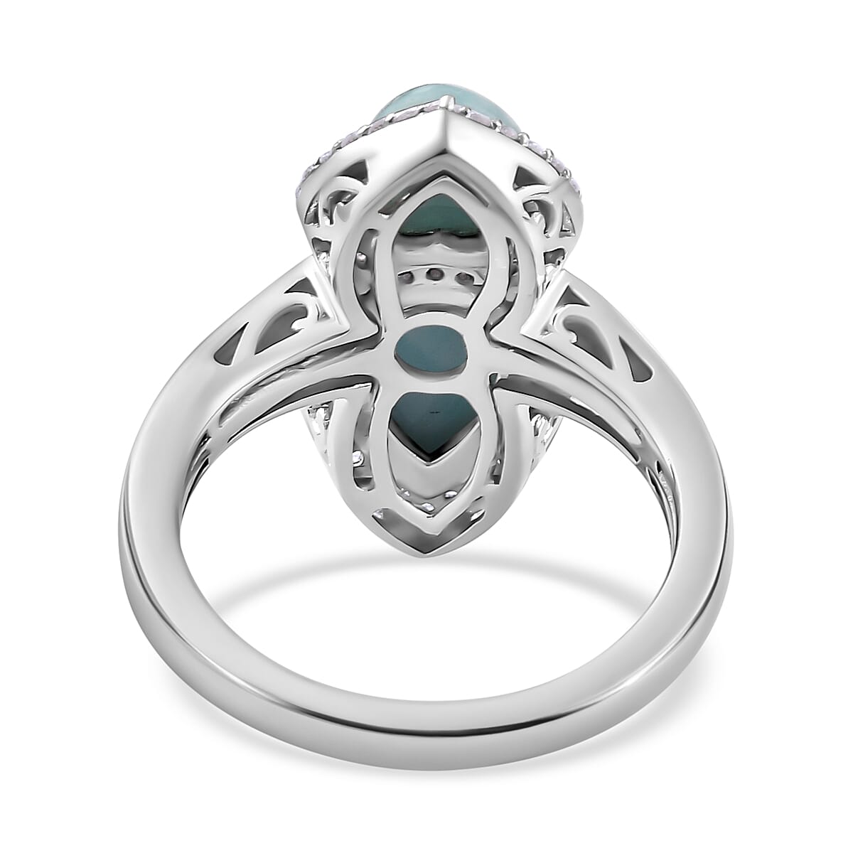 Larimar & Natural Zircon Tear Drop & Heart Ring in Platinum Overlay Sterling Silver 3.00 Ct.