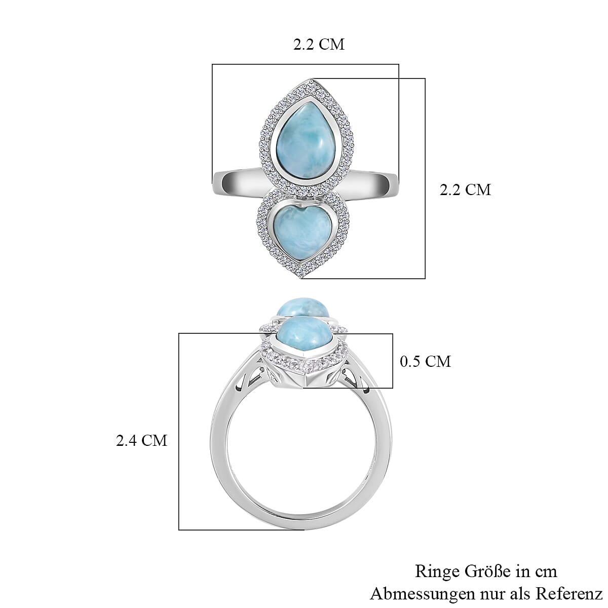 Larimar & Natural Zircon Tear Drop & Heart Ring in Platinum Overlay Sterling Silver 3.00 Ct.