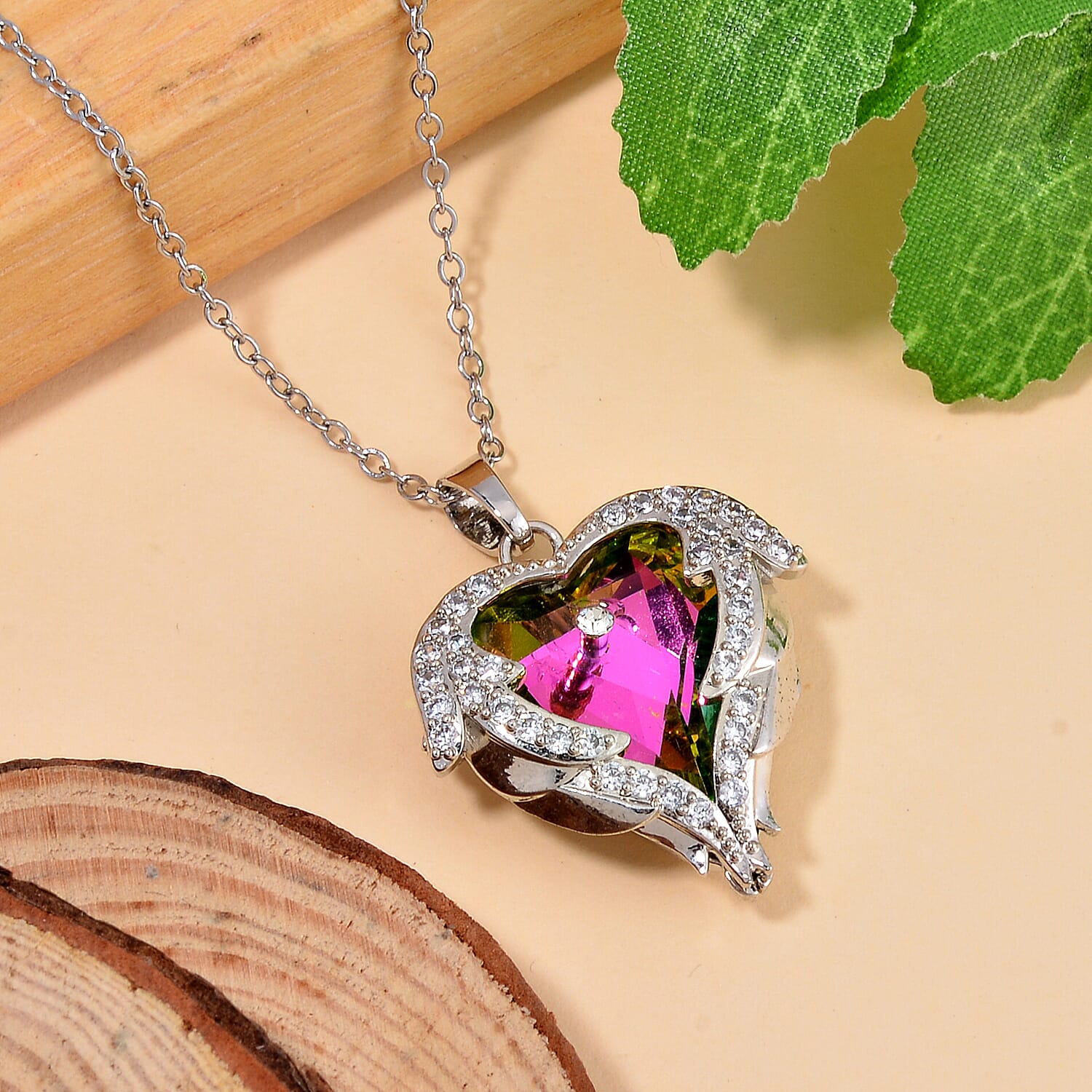 Magic Colour Austrian Crystal & White Cubic Zirconia Heart Necklace (Size - 20)