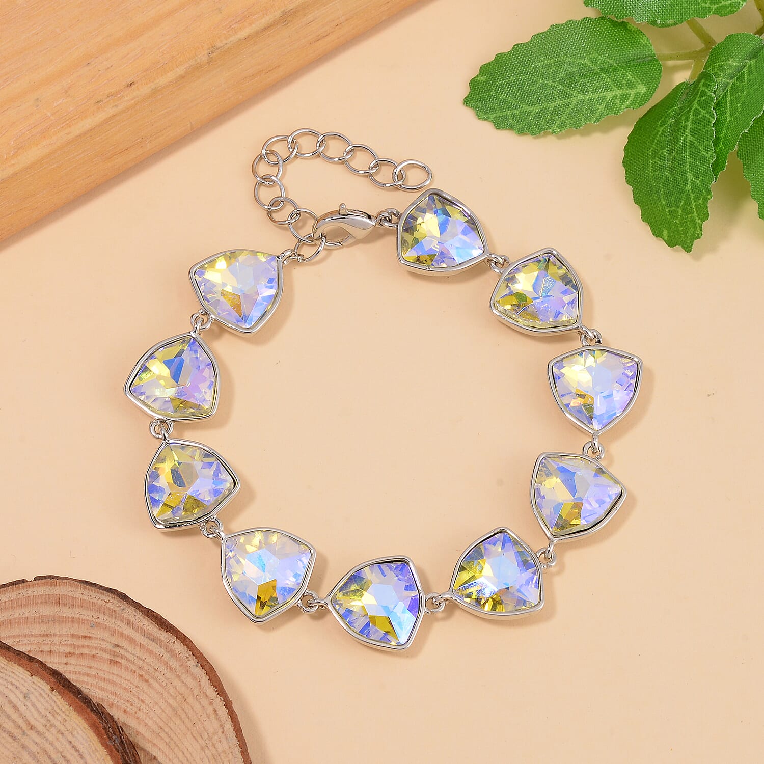 Simulated Mystic White Austrian Crystal Triangle Bracelet (Size - 7.5)