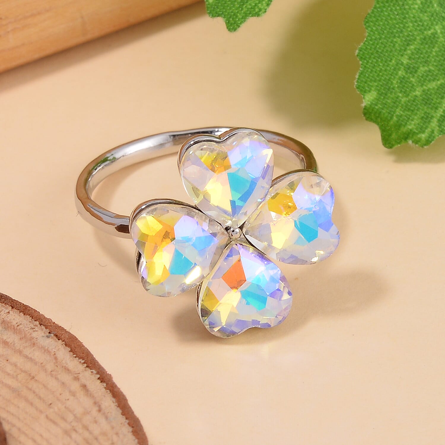 Simulated Mystic White Austrian Crystal Floral Ring