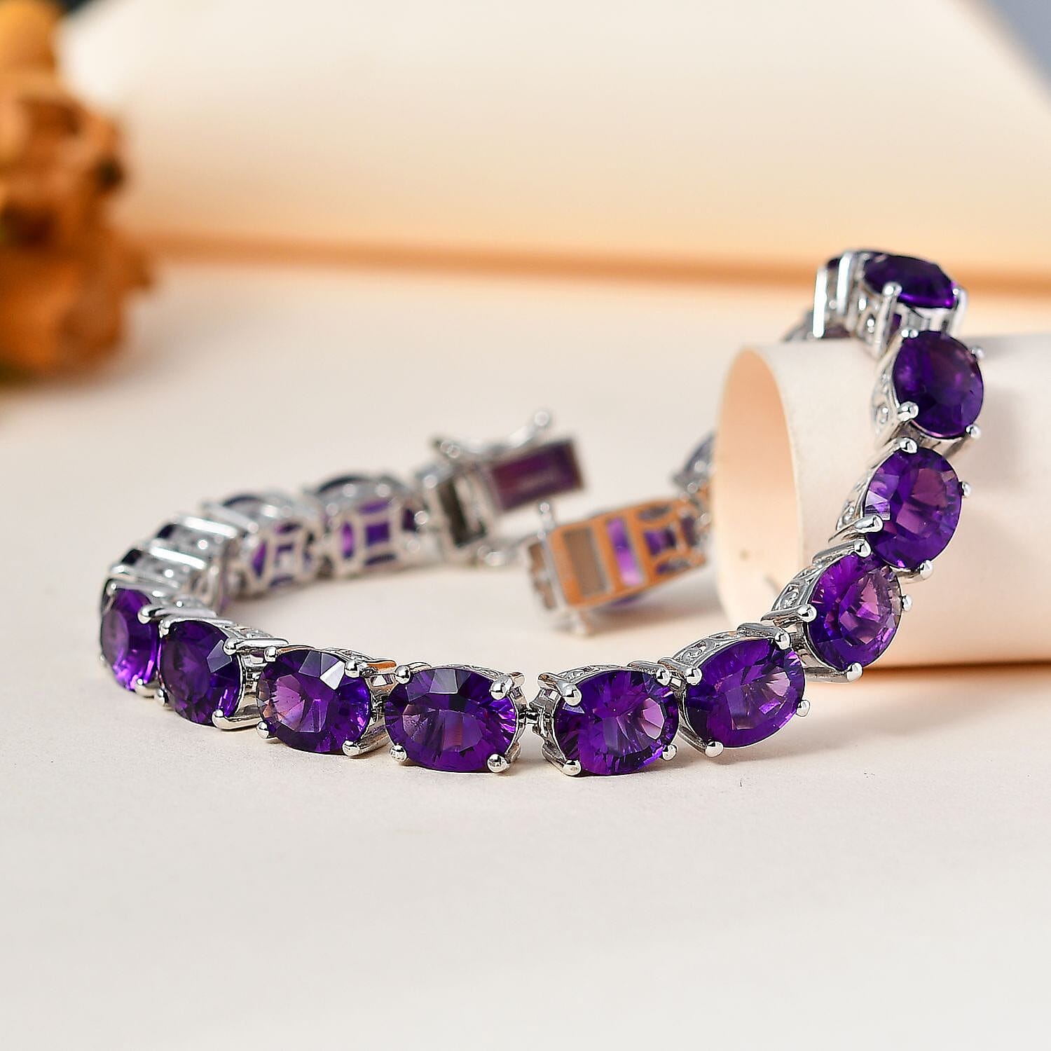 Concave Cut AAA African Amethyst Tennis Bracelet in Platinum Overlay Sterling Silver 30.75 Ct, Size 7