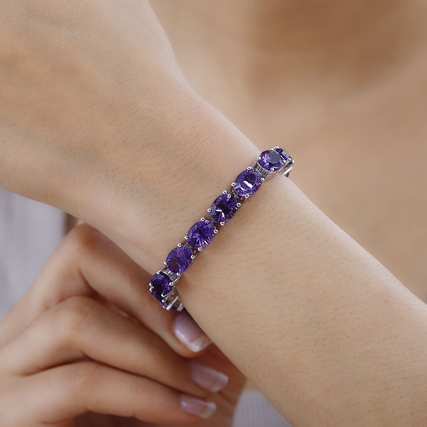 Concave Cut AAA African Amethyst Tennis Bracelet in Platinum Overlay Sterling Silver 30.75 Ct, Size 7