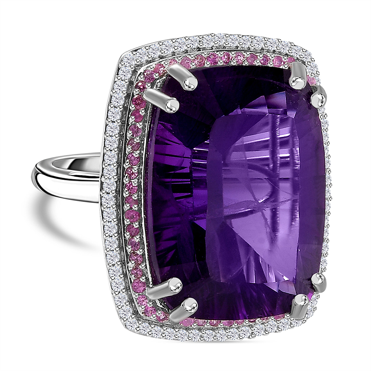 African Amethyst, Pink Sapphire, White Zircon Double Halo Ring in Platinum Overlay Sterling Silver