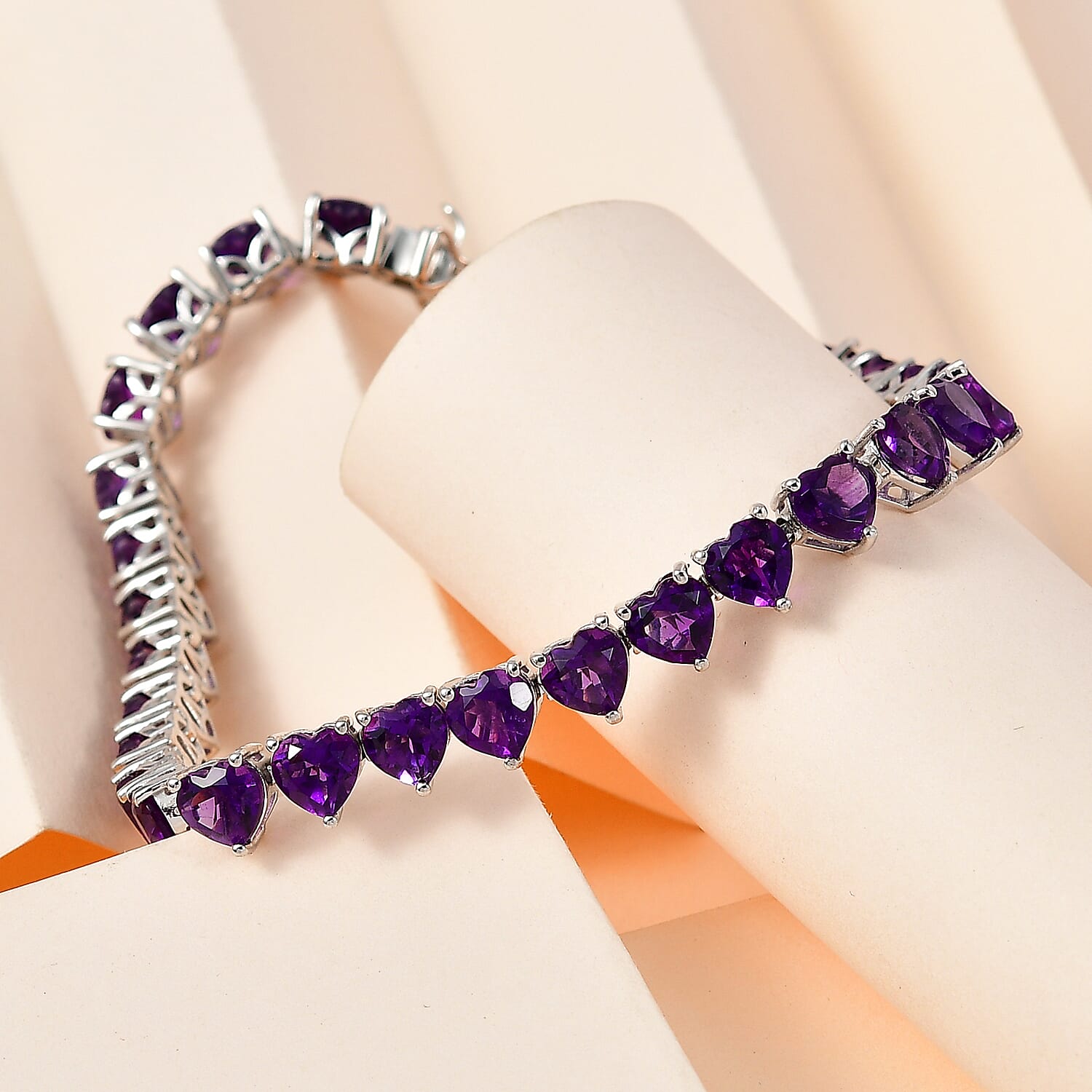AAA Amethyst Heart Tennis Bracelet (Size - 7) in Platinum Overlay Sterling Silver 18.95 Ct, Silver Wt 10.80 GM
