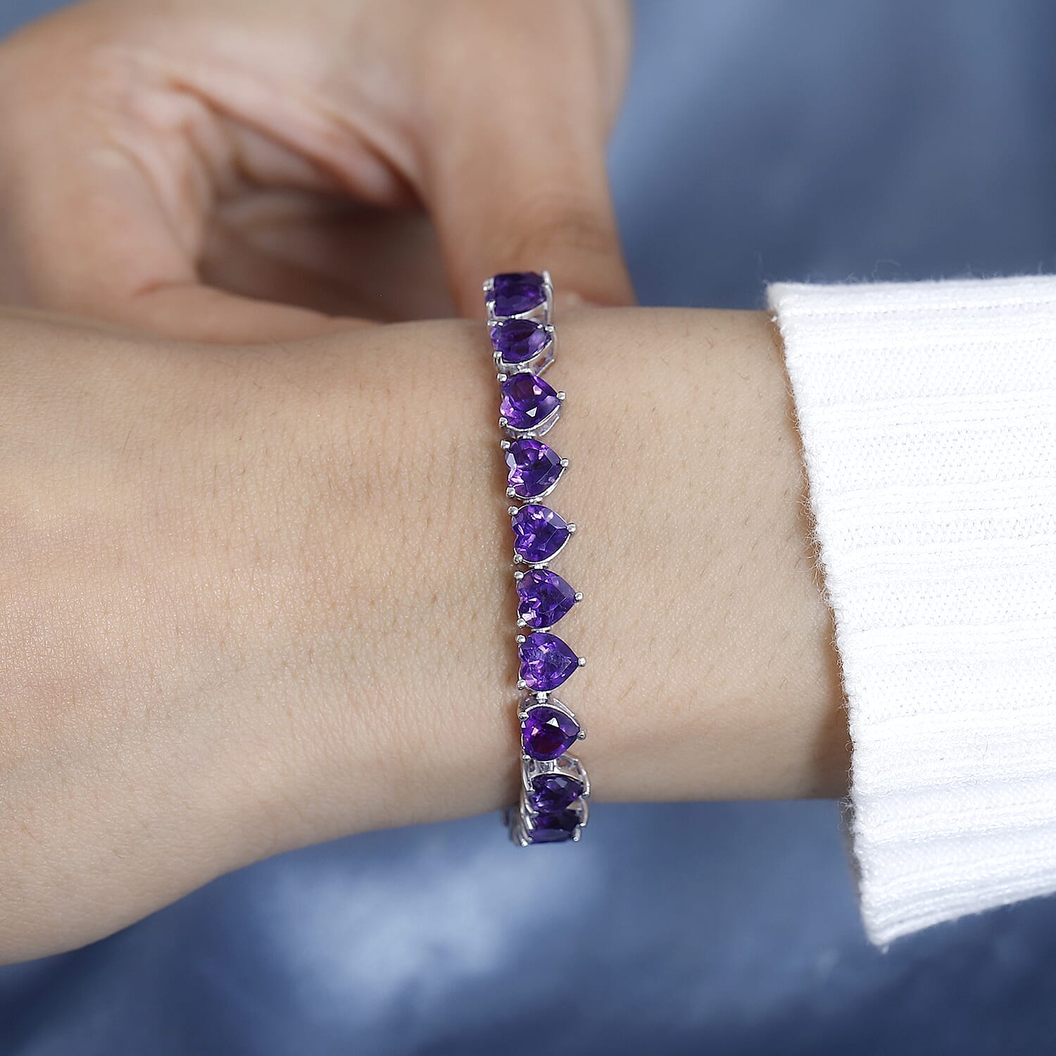 AAA Amethyst Heart Tennis Bracelet (Size - 7) in Platinum Overlay Sterling Silver 18.95 Ct, Silver Wt 10.80 GM