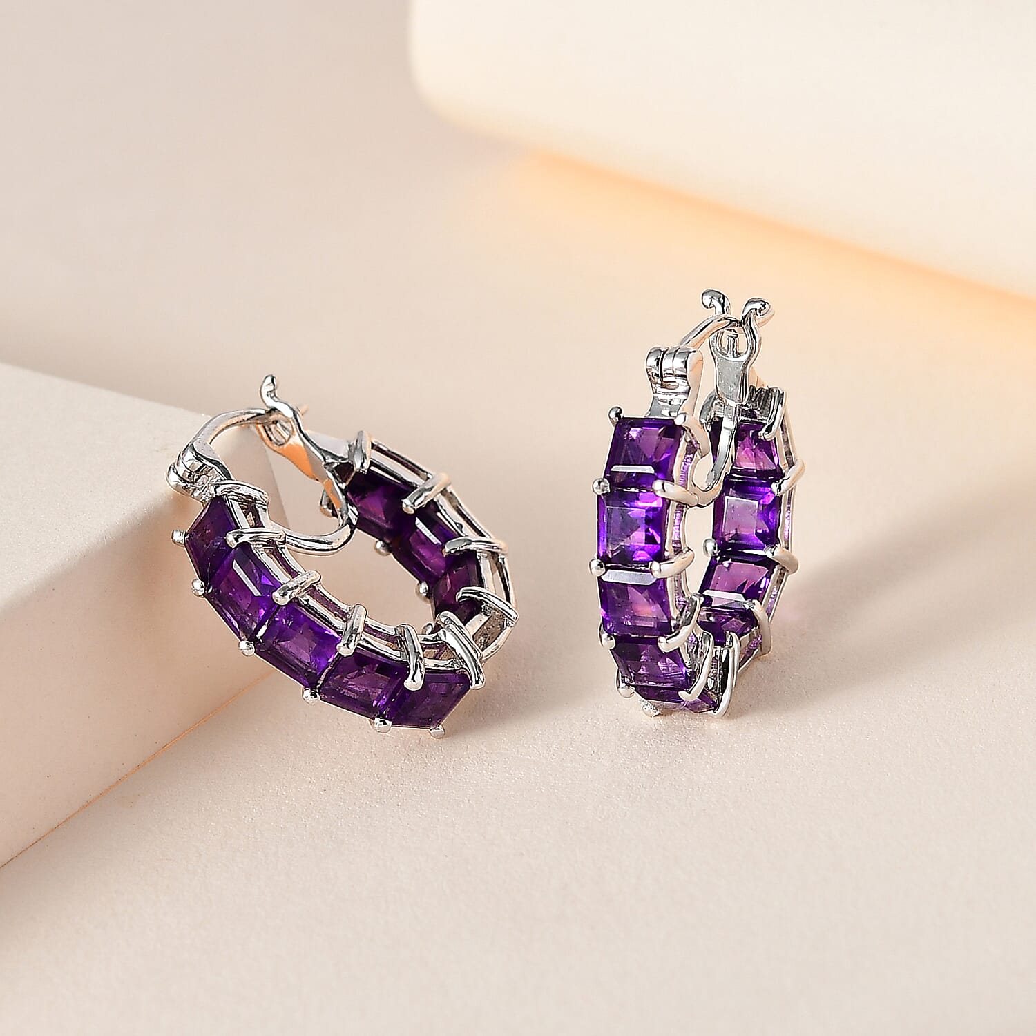 AAA Amethyst Hoop Earrings in Platinum Overlay Sterling Silver 6.30 Ct, Silver Wt. 6.08 Gms