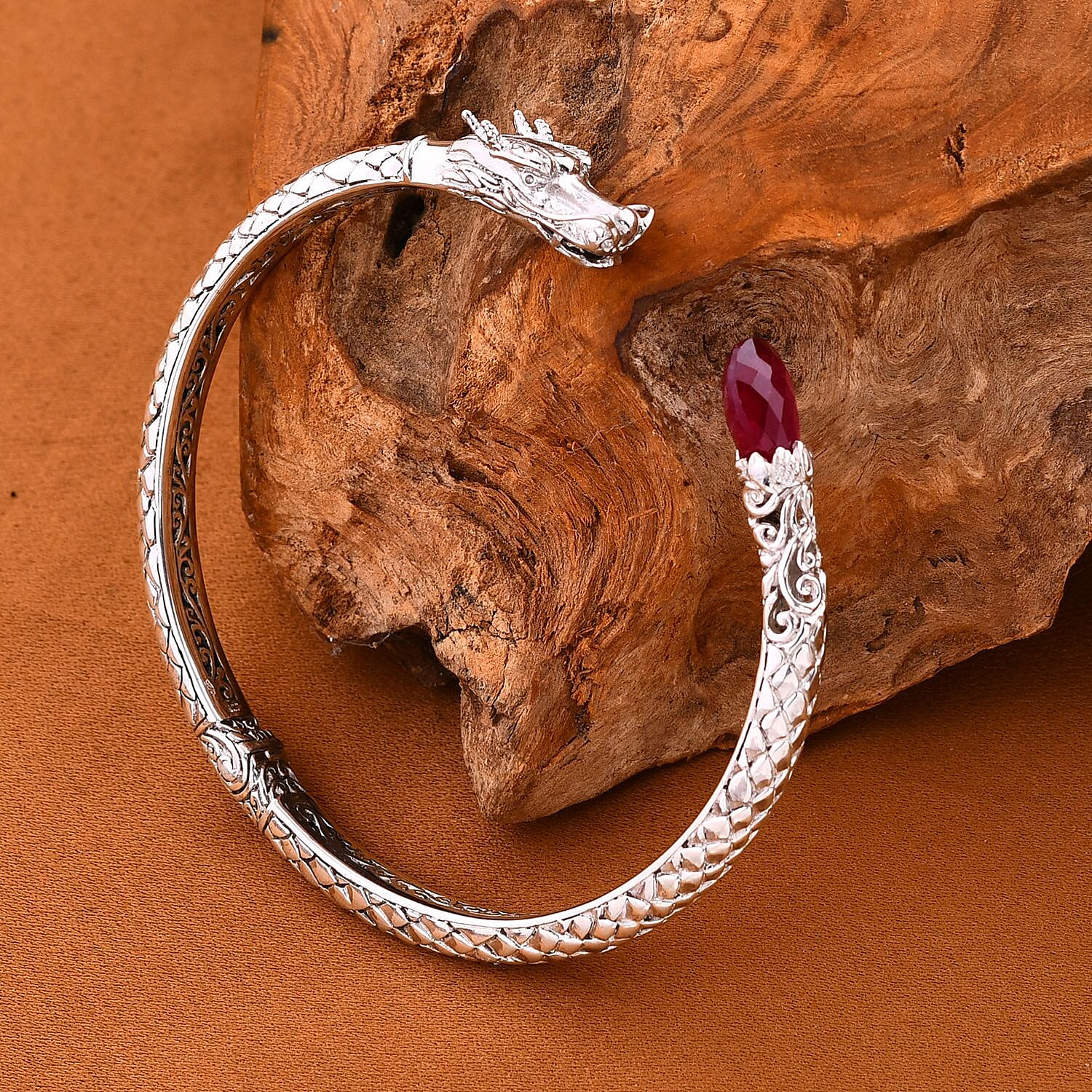 Royal Bali Collection- Handmade Ruby Bangle (Size - 7.5)  Sterling Silver 4.25 ct,  Silver Wt. 21 Gms