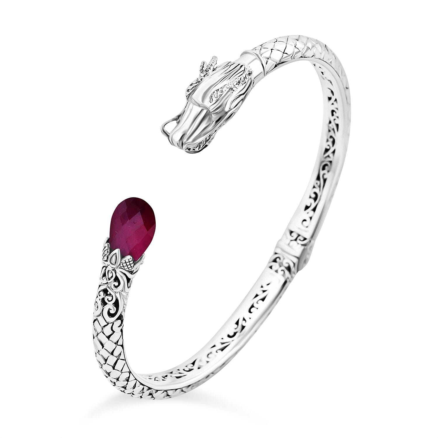 Royal Bali Collection- Handmade Ruby Bangle (Size - 7.5)  Sterling Silver 4.25 ct,  Silver Wt. 21 Gms