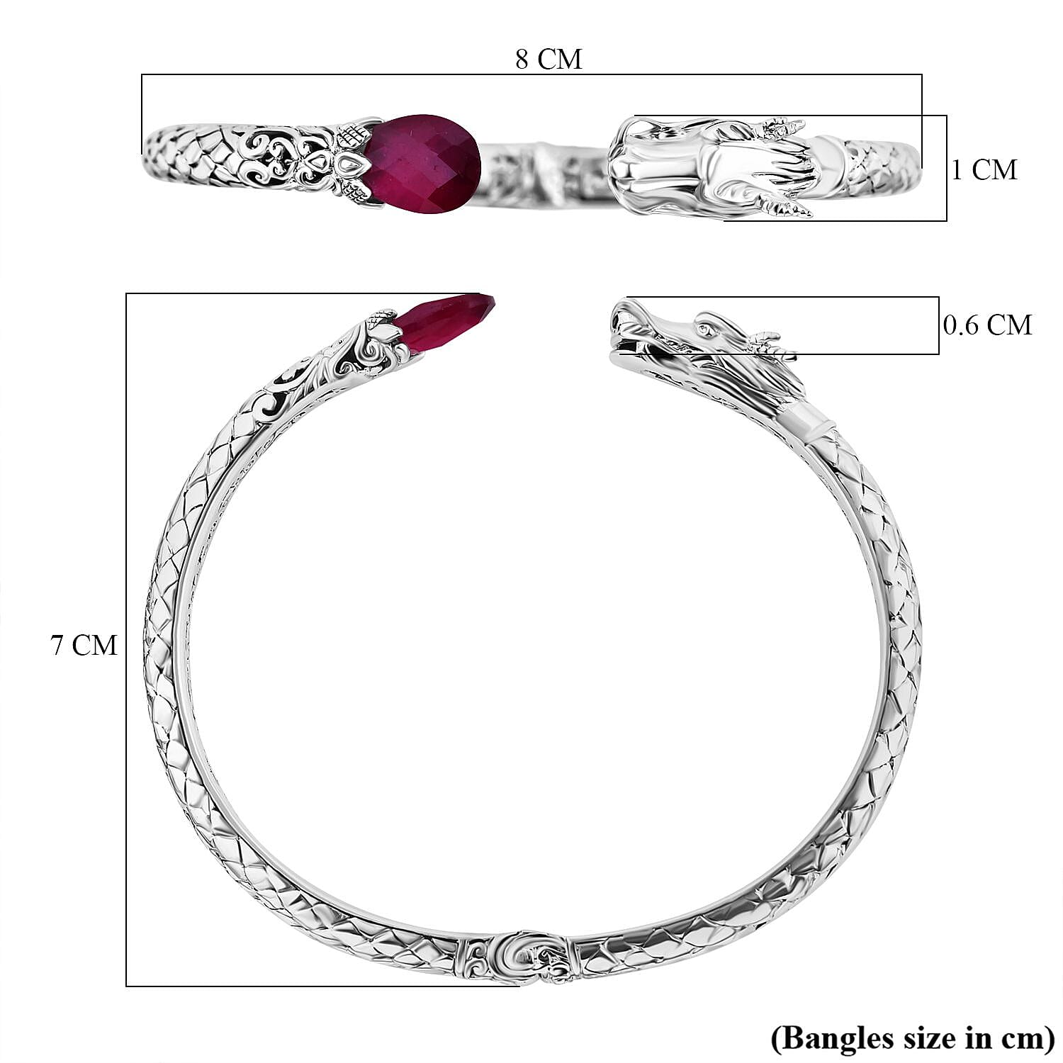 Royal Bali Collection- Handmade Ruby Bangle (Size - 7.5)  Sterling Silver 4.25 ct,  Silver Wt. 21 Gms