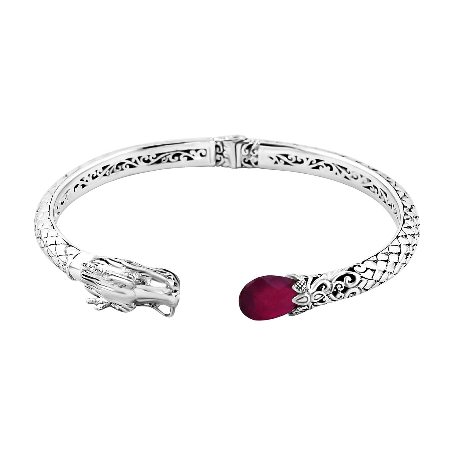 Royal Bali Collection- Handmade Ruby Bangle (Size - 7.5)  Sterling Silver 4.25 ct,  Silver Wt. 21 Gms