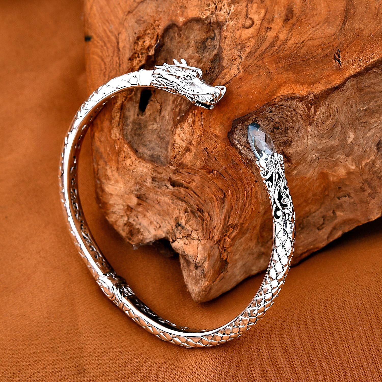 Royal Bali Collection- Handmade Skyblue Topaz  Bangle (Size - 7.5)  Sterling Silver 4.25 ct,  Silver Wt. 21 Gms