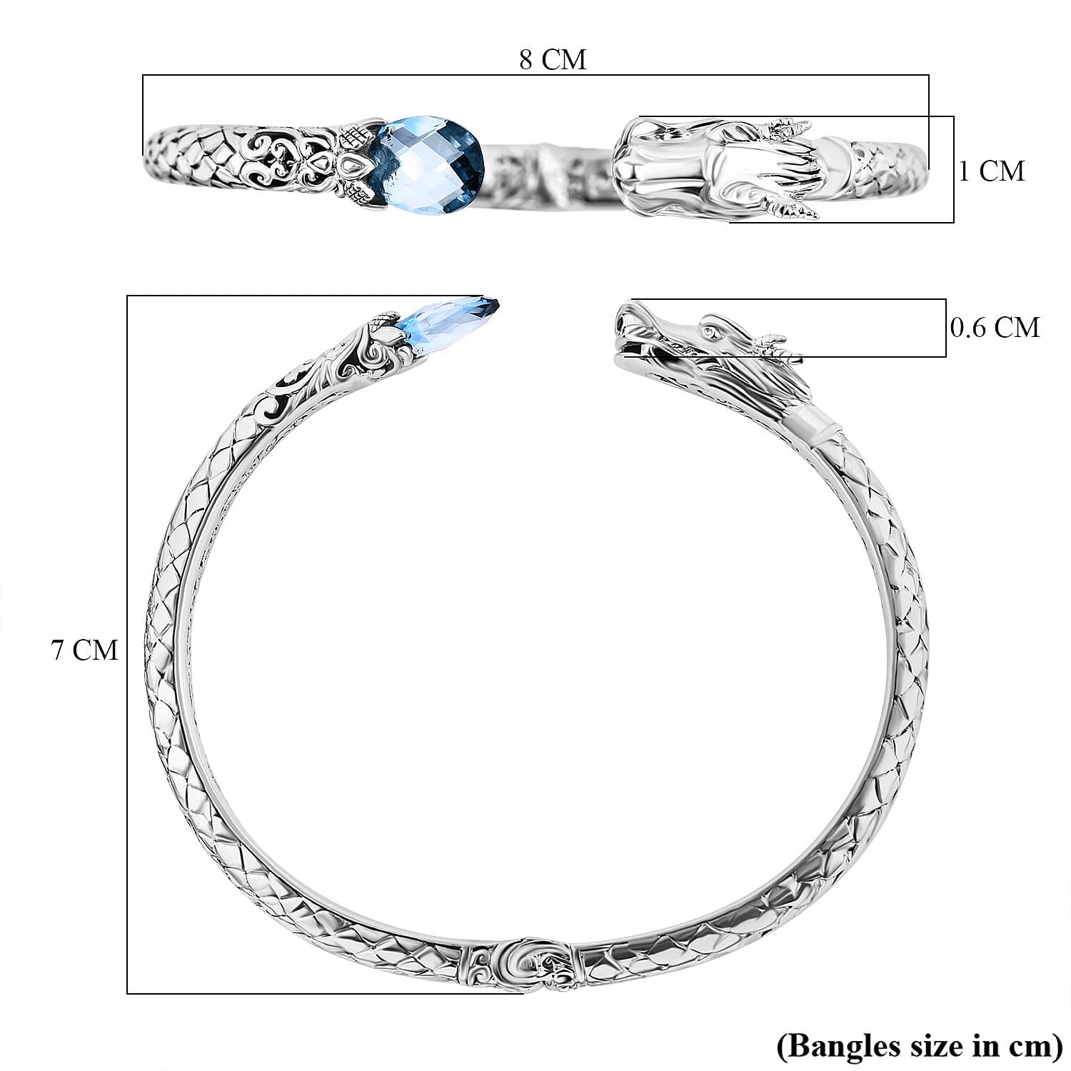 Royal Bali Collection- Handmade Skyblue Topaz  Bangle (Size - 7.5)  Sterling Silver 4.25 ct,  Silver Wt. 21 Gms