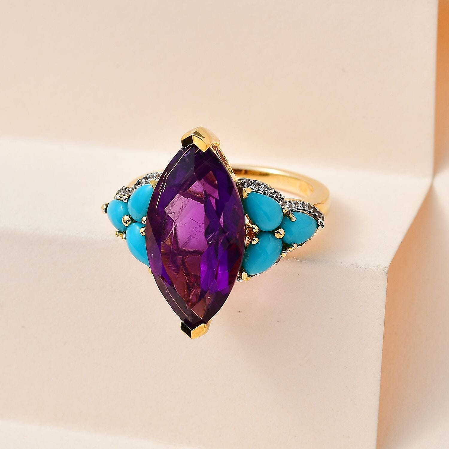 Amethyst, Natural Zircon & Arizona Sleeping Beauty Turquoise Ring in 18K Vermeil Yellow Gold Plated Sterling Silver 8.97 Ct.