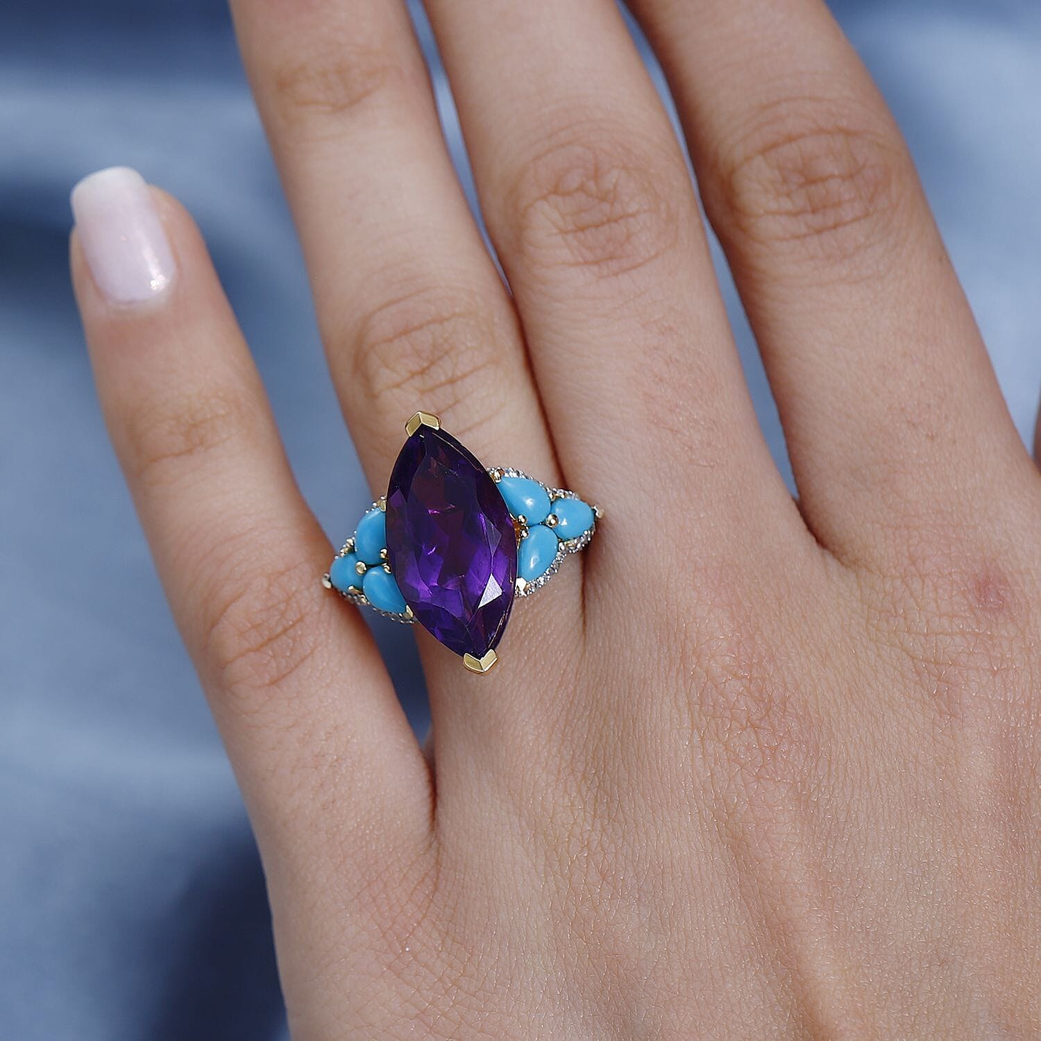 Amethyst, Natural Zircon & Arizona Sleeping Beauty Turquoise Ring in 18K Vermeil Yellow Gold Plated Sterling Silver 8.97 Ct.