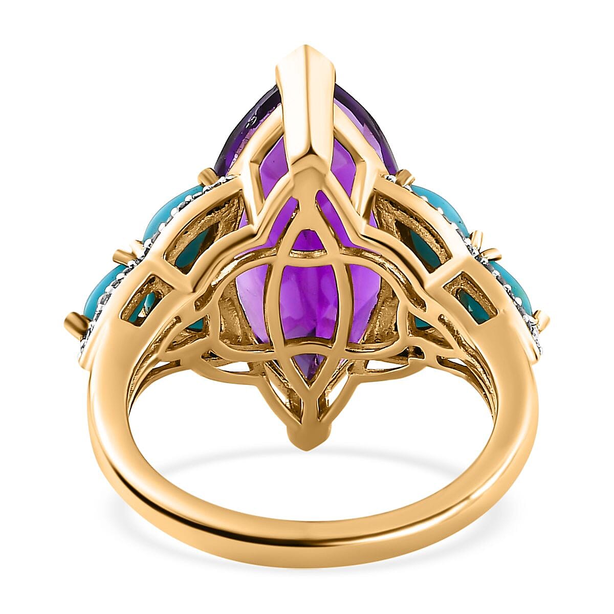 Amethyst, Natural Zircon & Arizona Sleeping Beauty Turquoise Ring in 18K Vermeil Yellow Gold Plated Sterling Silver 8.97 Ct.