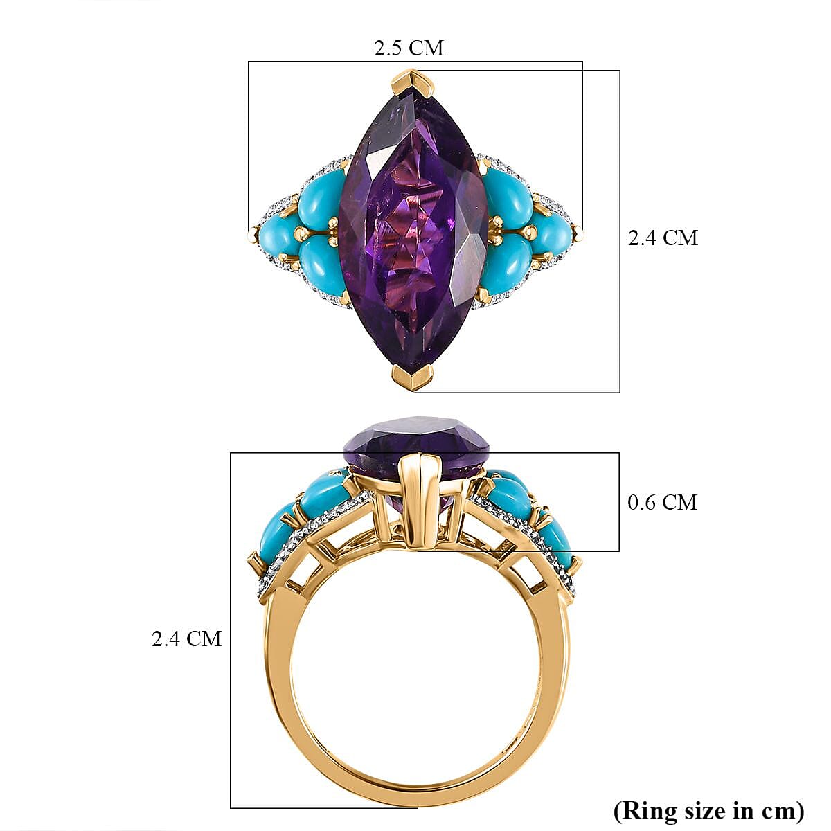Amethyst, Natural Zircon & Arizona Sleeping Beauty Turquoise Ring in 18K Vermeil Yellow Gold Plated Sterling Silver 8.97 Ct.
