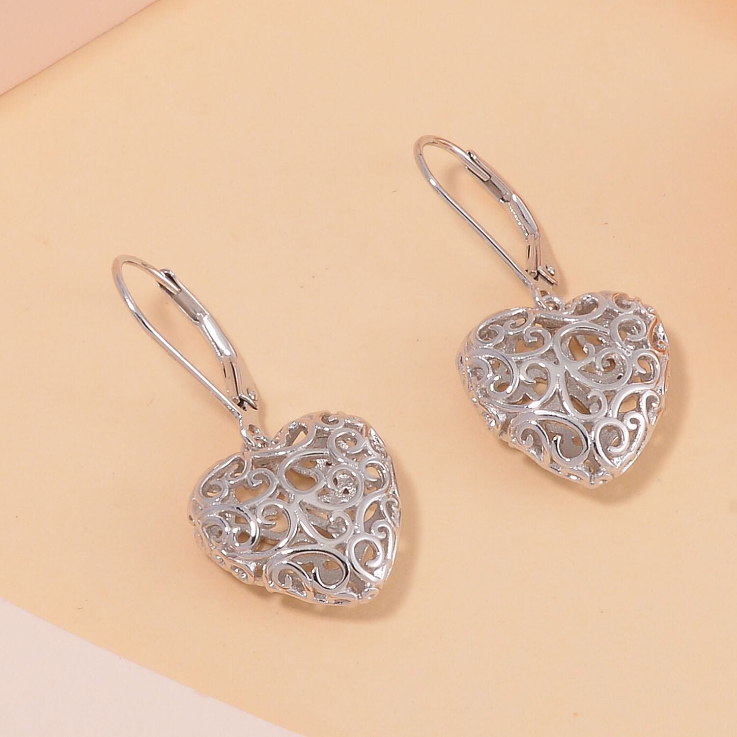 LUCY Q Amore Filigree Collection - Rhodium Overlay Sterling Silver Heart Earrings with Lever Back, Silver Wt. 5.50 Gms. LUCY Q Amore Filigree Collection - Rhodium Overlay Sterling Silver Heart Earrings with Lever Back, Silver Wt. 5.50 Gms.