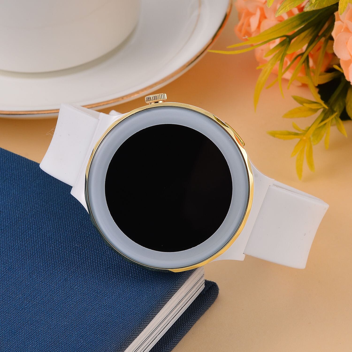 Smart Watch - Multi Face, with Steps, Sleep, Heart Rate, Blood, Spo2. Blue Literal Dial and White Silicone Strap