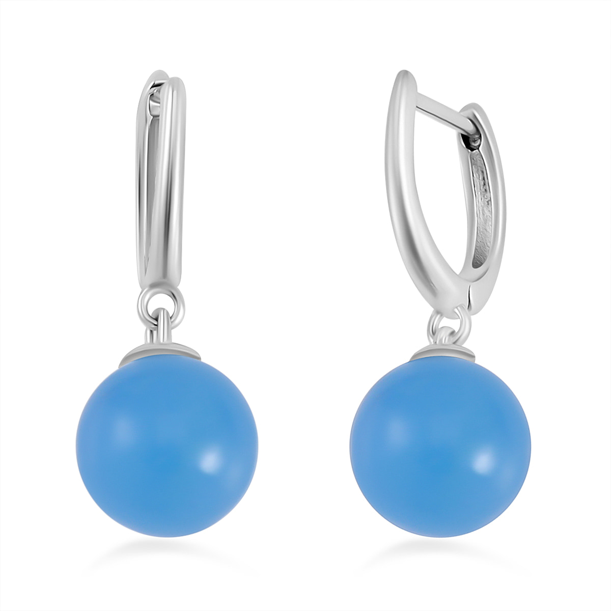 Blue Jadeite Jade Half Hoop Ball Earrings in Rhodium Overlay Sterling Silver 23.83 Ct