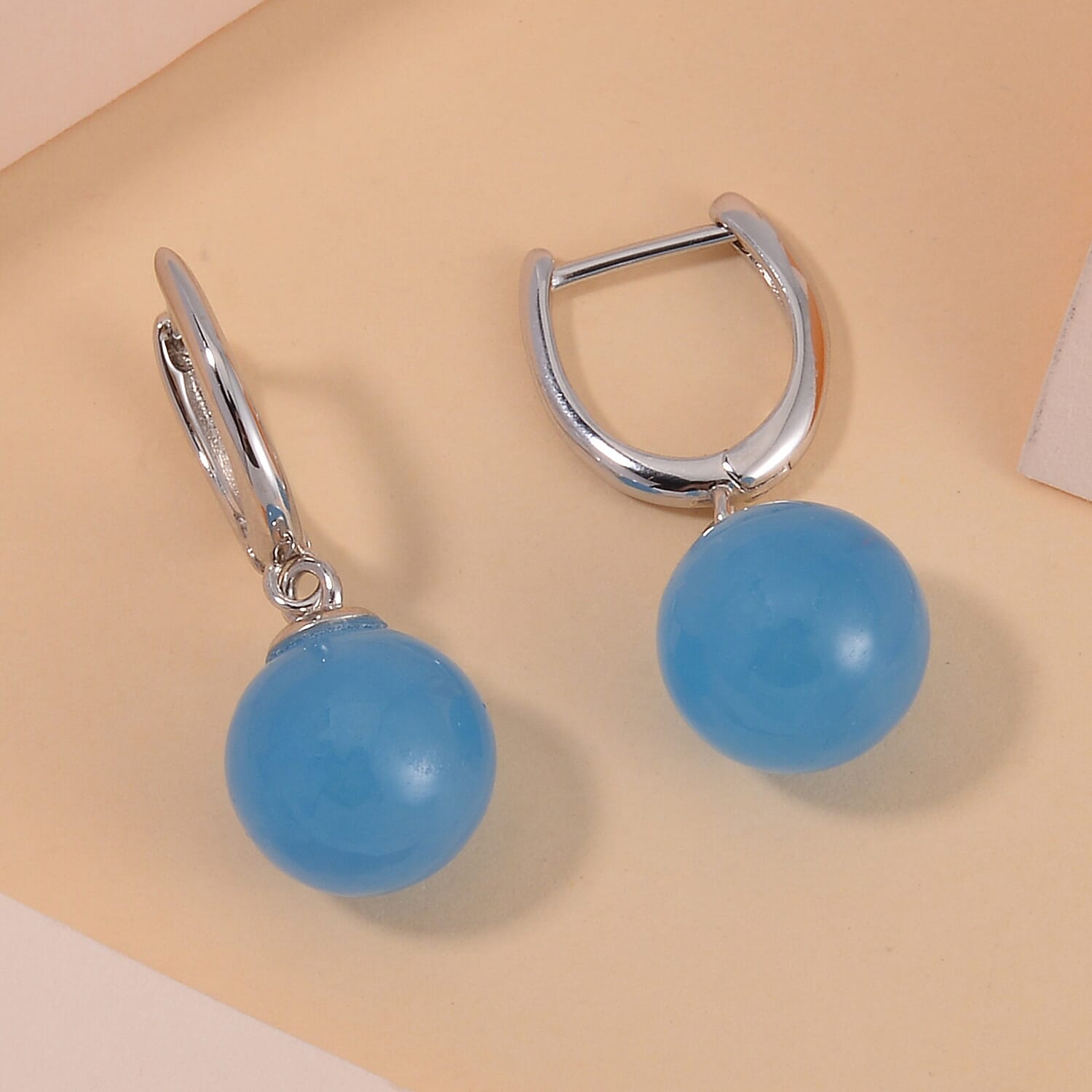 Blue Jade J Hoop Half Hoop Earring in Rhodium Overlay Sterling Silver 23.83 ct 23.830 Ct.