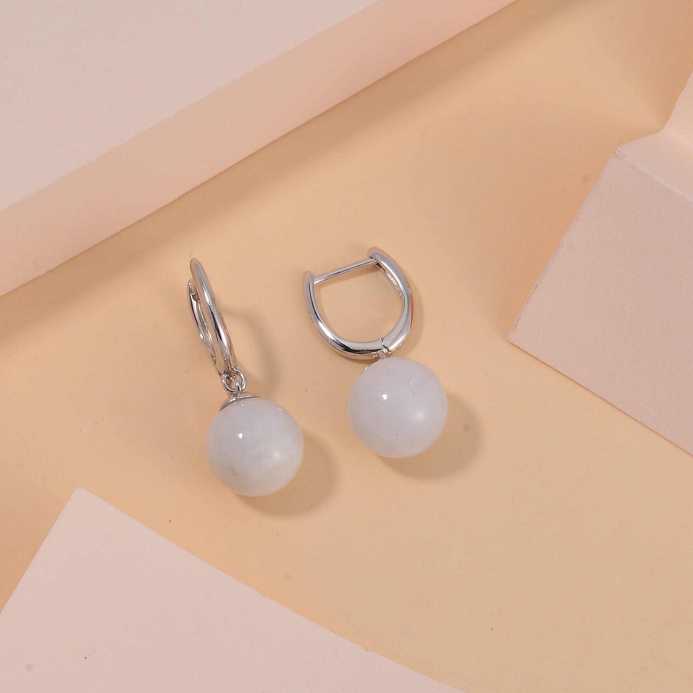 EXTREMELY RARE NATURAL JADEITE JADE White Hoop earrings in Rhodium Overlay Sterling Silver